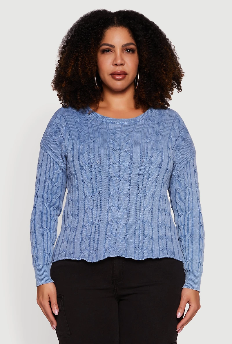 Womens Plus Long Sleeve Cable Knit Crew Neck Sweater, Blue,
