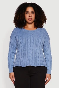 Womens Plus Long Sleeve Cable Knit Crew Neck Sweater, Blue,