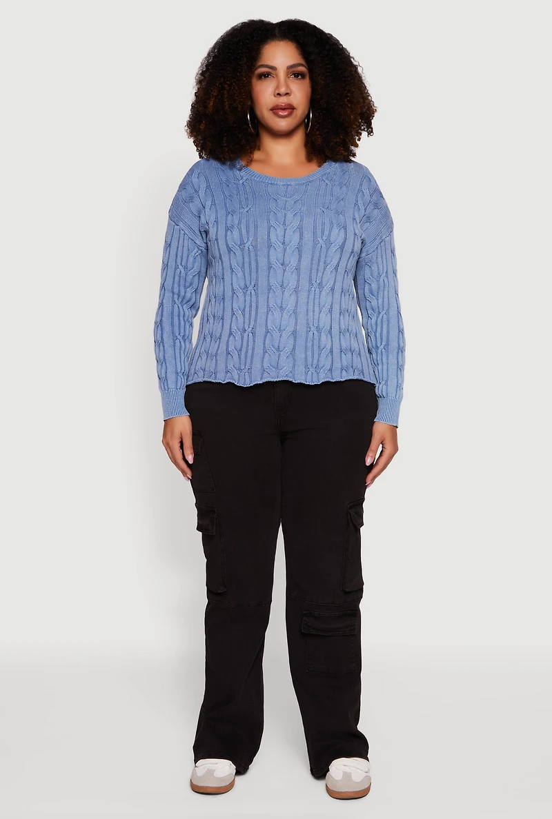 Womens Plus Long Sleeve Cable Knit Crew Neck Sweater, Blue,