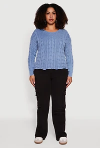 Womens Plus Long Sleeve Cable Knit Crew Neck Sweater, Blue,