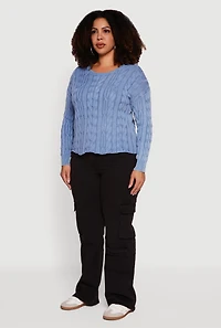 Womens Plus Long Sleeve Cable Knit Crew Neck Sweater, Blue,
