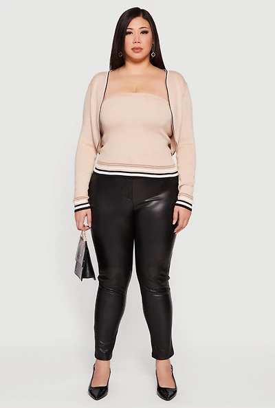 Womens Plus Size Open Front Cropped Cardigan with Tube Top, Beige, Size 2X