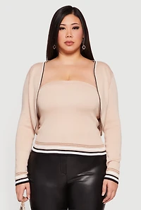 Womens Plus Size Open Front Cropped Cardigan with Tube Top, Beige, Size 2X