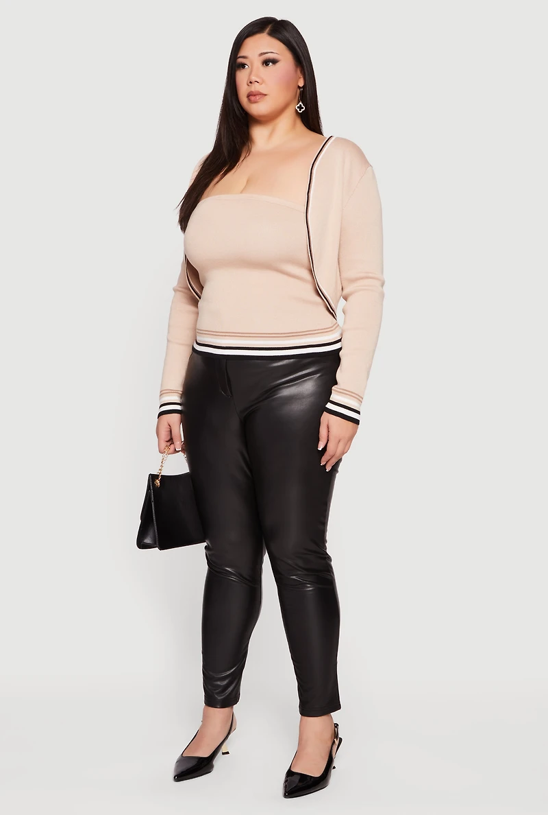 Womens Plus Size Open Front Cropped Cardigan with Tube Top, Beige, Size 2X