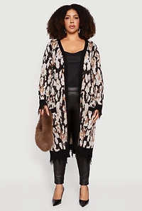 Plus Printed Distressed Hem Open Front Long Cardigan