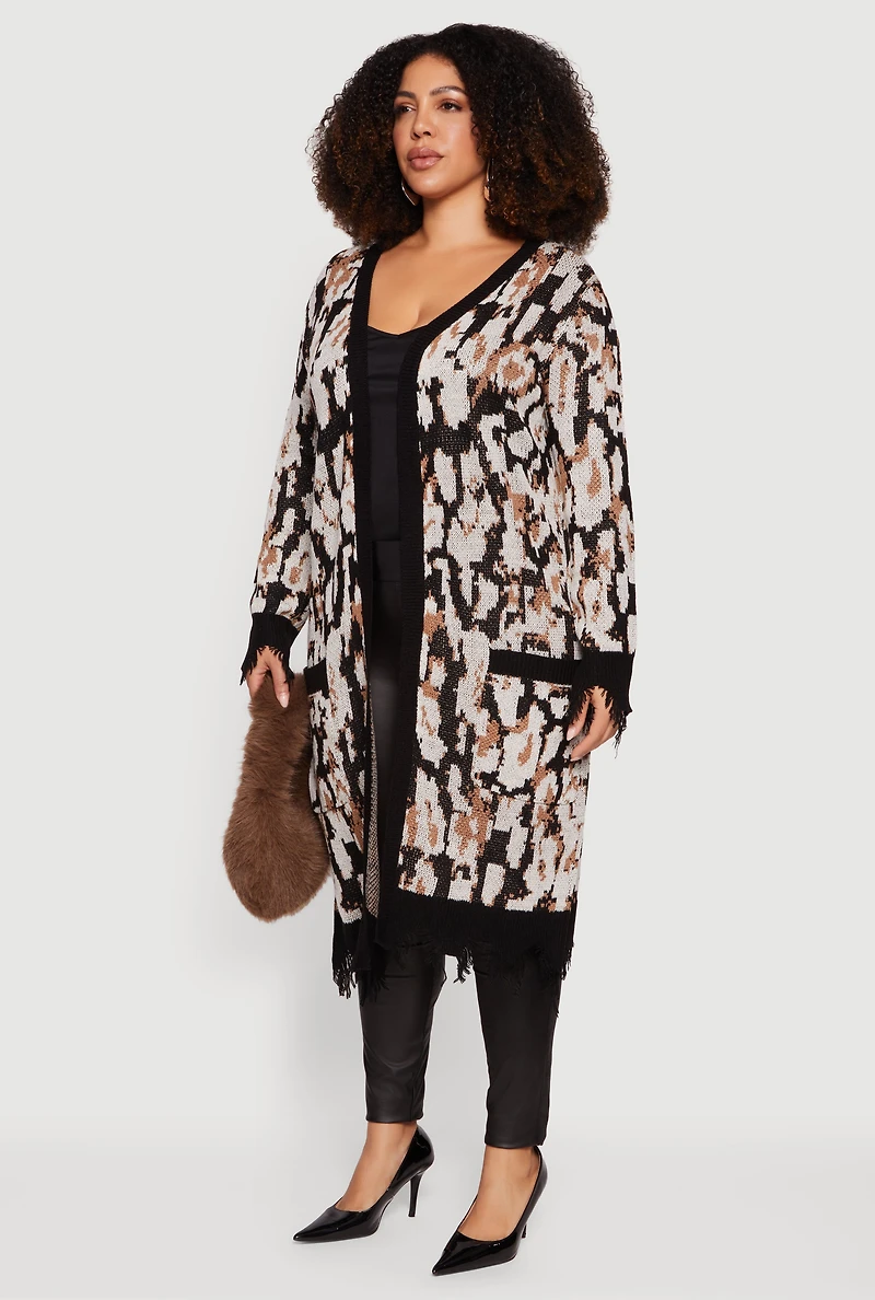 Plus Printed Distressed Hem Open Front Long Cardigan