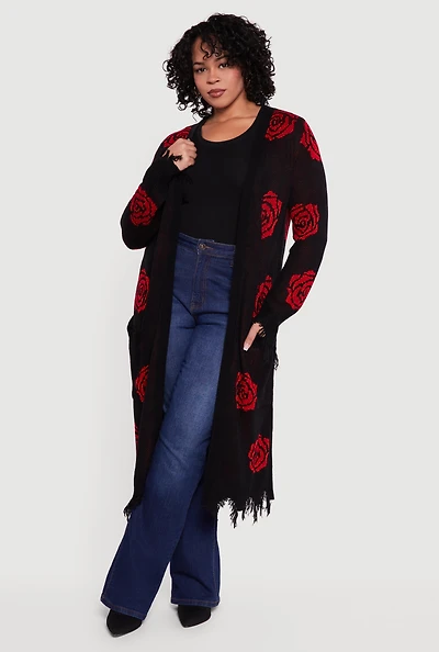 Plus Printed Distressed Hem Open Front Long Cardigan