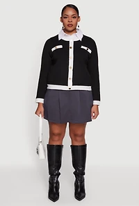 Plus Contrast Trim Shirt Collar Sweater