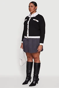 Plus Contrast Trim Shirt Collar Sweater