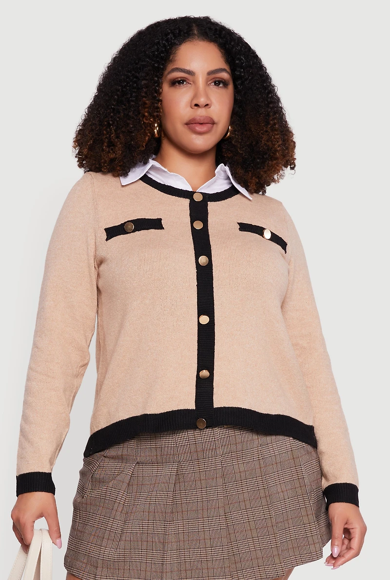 Womens Plus Contrast Trim Shirt Collar Sweater, 1X