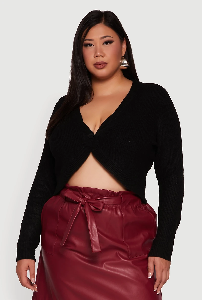 Womens Plus One Button Long Sleeve Cropped Cardigan,