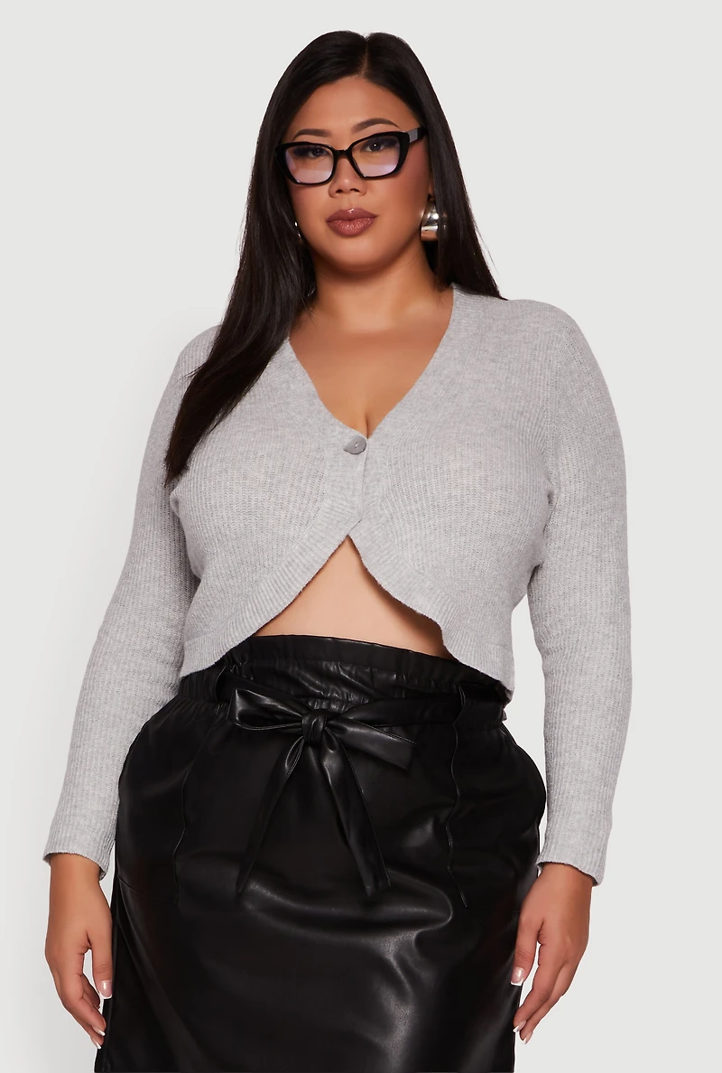 Womens Plus Size One Button Long Sleeve Cropped Cardigan, Grey, Size 2X