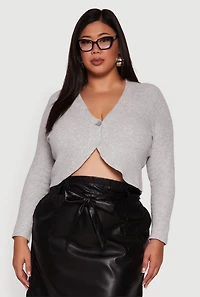 Womens Plus Size One Button Long Sleeve Cropped Cardigan, Grey, Size 2X