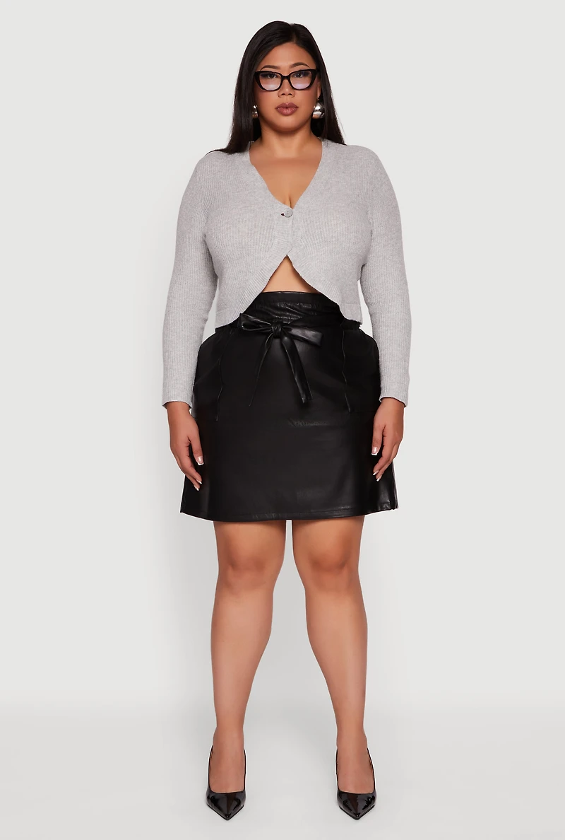 Womens Plus Size One Button Long Sleeve Cropped Cardigan, Grey, Size 2X