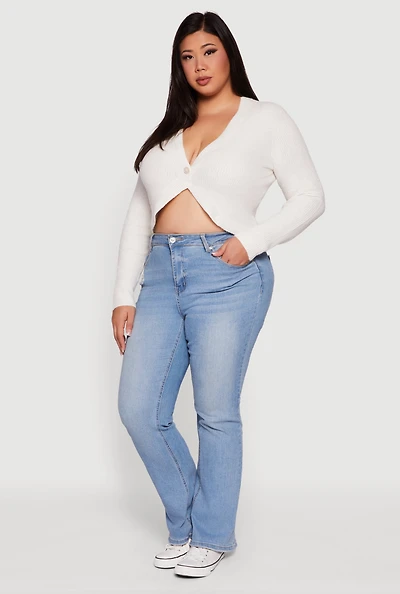 Womens Plus Size One Button Long Sleeve Cropped Cardigan, White, Size 2X