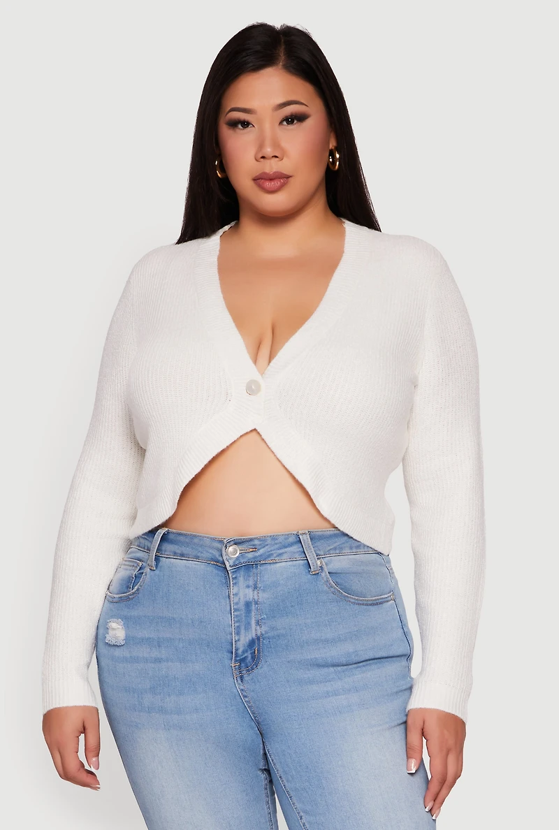 Womens Plus Size One Button Long Sleeve Cropped Cardigan, White, Size 2X
