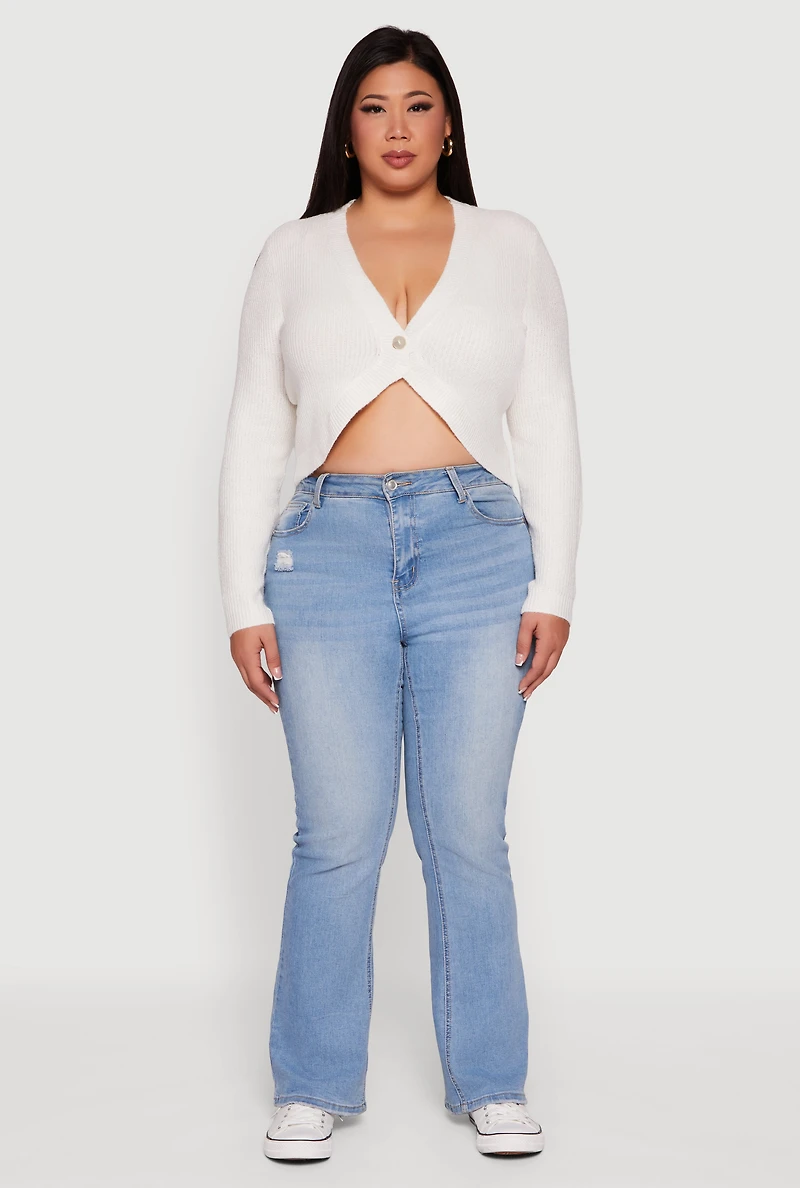 Womens Plus Size One Button Long Sleeve Cropped Cardigan, White, Size 2X