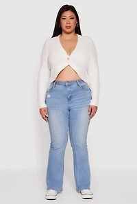 Womens Plus Size One Button Long Sleeve Cropped Cardigan, White, Size 2X