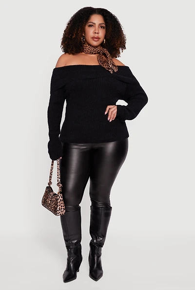 Plus Fold Over Off the Shoulder Eyelash Knit Sweater