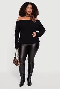 Plus Fold Over Off the Shoulder Eyelash Knit Sweater