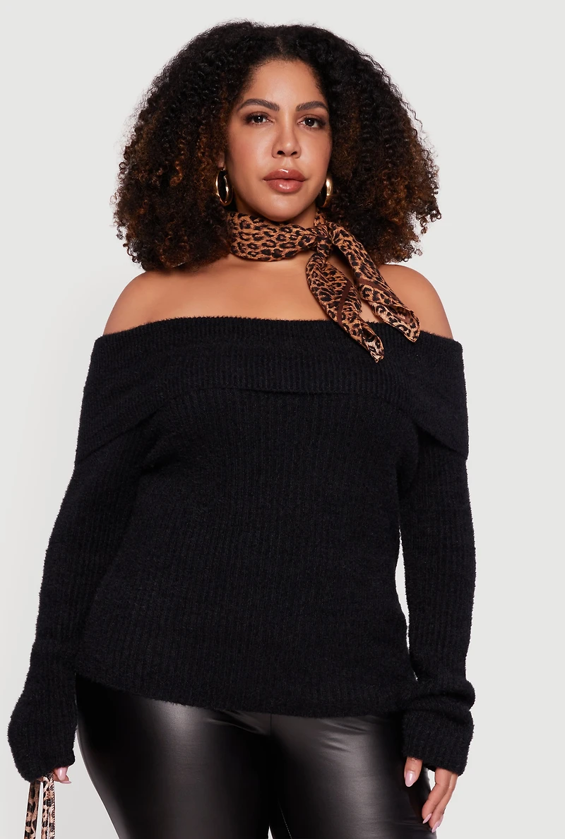 Plus Fold Over Off the Shoulder Eyelash Knit Sweater