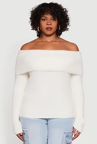 Womens Plus Size Fold Over Off the Shoulder Eyelash Knit Sweater, White, Size 1X