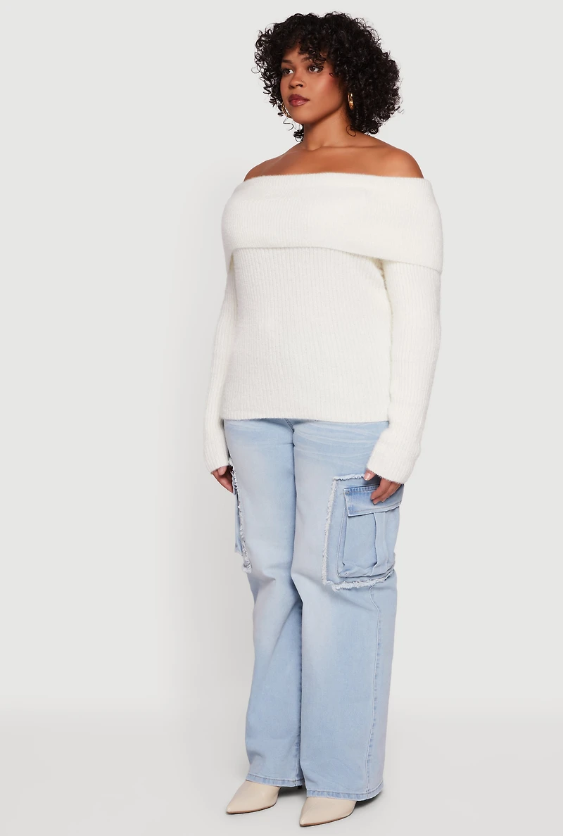 Womens Plus Size Fold Over Off the Shoulder Eyelash Knit Sweater, White, Size 1X