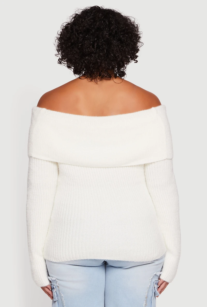 Womens Plus Size Fold Over Off the Shoulder Eyelash Knit Sweater, White, Size 1X