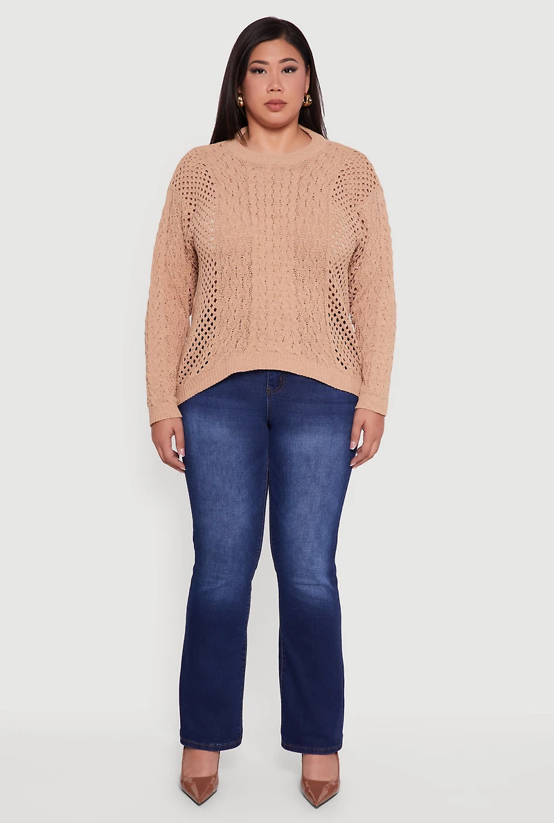 Womens Plus Pointelle Cable Knit Long Sleeve Pullover Sweater,