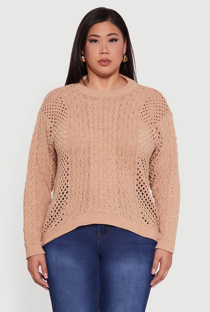 Womens Plus Pointelle Cable Knit Long Sleeve Pullover Sweater, 3X
