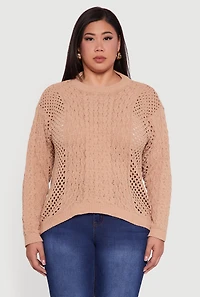 Womens Plus Pointelle Cable Knit Long Sleeve Pullover Sweater, 3X