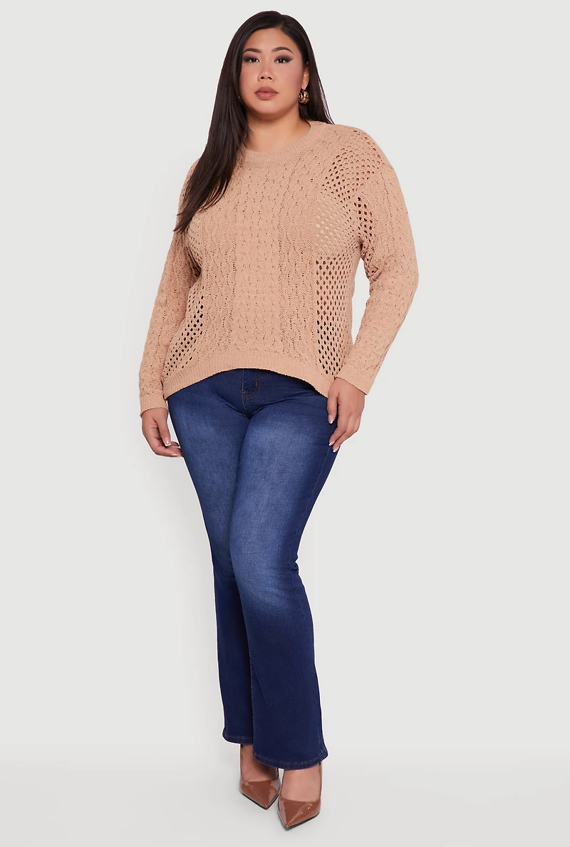 Womens Plus Pointelle Cable Knit Long Sleeve Pullover Sweater, 3X