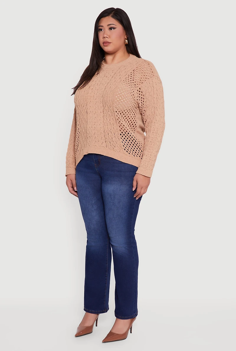 Womens Plus Pointelle Cable Knit Long Sleeve Pullover Sweater, 1X