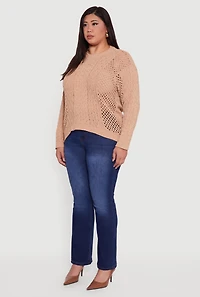 Womens Plus Size Pointelle Cable Knit Long Sleeve Pullover Sweater, Brown, Size 3X