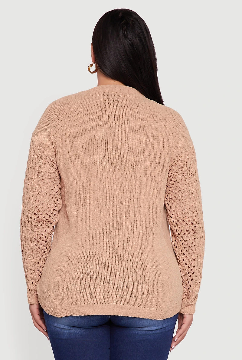Womens Plus Pointelle Cable Knit Long Sleeve Pullover Sweater, 3X