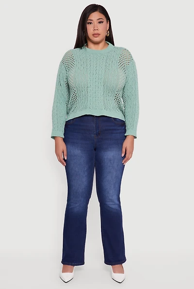 Womens Plus Size Pointelle Cable Knit Long Sleeve Pullover Sweater, Green, Size 1X