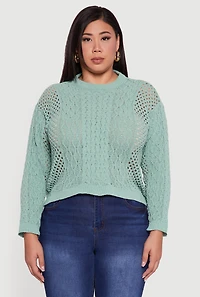 Womens Plus Size Pointelle Cable Knit Long Sleeve Pullover Sweater, Green, Size 3X