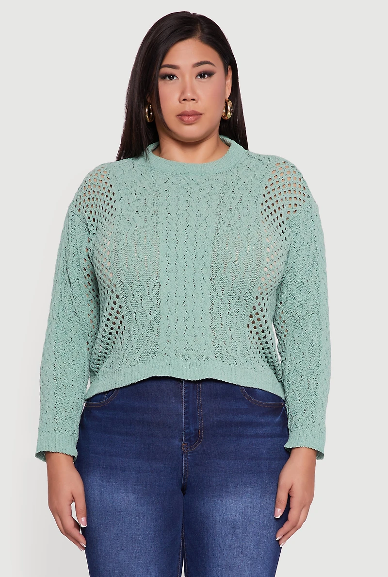 Womens Plus Size Pointelle Cable Knit Long Sleeve Pullover Sweater, Green, Size 1X