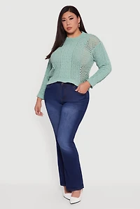 Womens Plus Size Pointelle Cable Knit Long Sleeve Pullover Sweater, Green, Size 3X