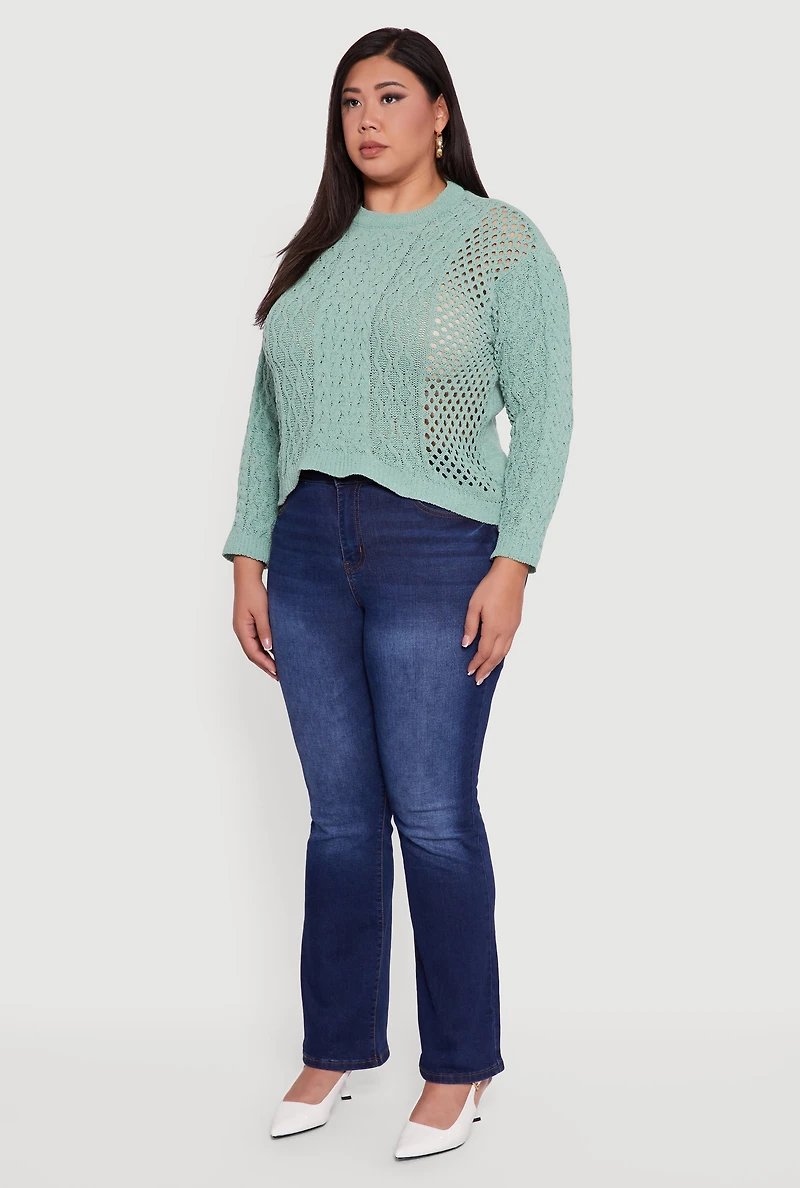 Womens Plus Size Pointelle Cable Knit Long Sleeve Pullover Sweater, Green, Size 3X