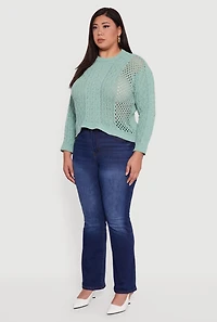 Womens Plus Size Pointelle Cable Knit Long Sleeve Pullover Sweater, Green, Size 3X