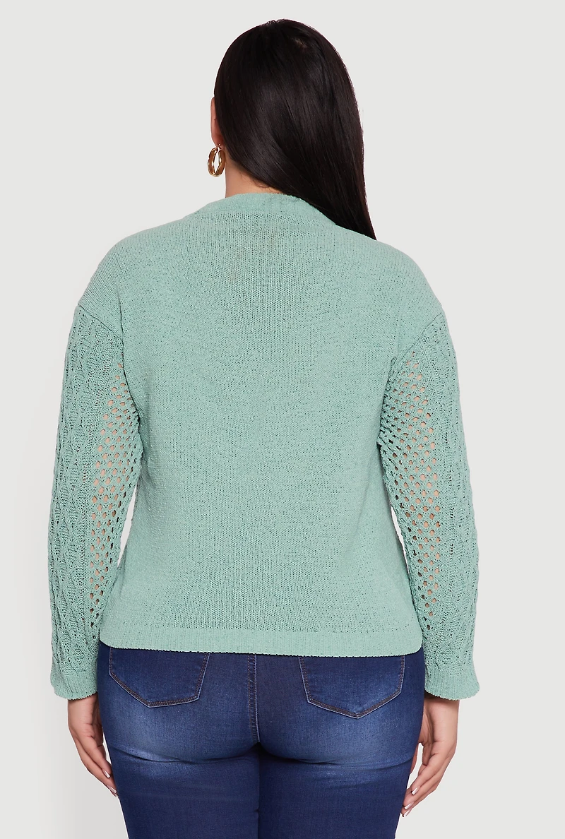 Womens Plus Size Pointelle Cable Knit Long Sleeve Pullover Sweater, Green, Size 3X