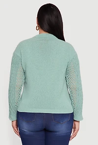 Womens Plus Size Pointelle Cable Knit Long Sleeve Pullover Sweater, Green, Size 3X