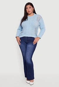 Womens Plus Size Pointelle Cable Knit Long Sleeve Pullover Sweater, Blue, Size 3X