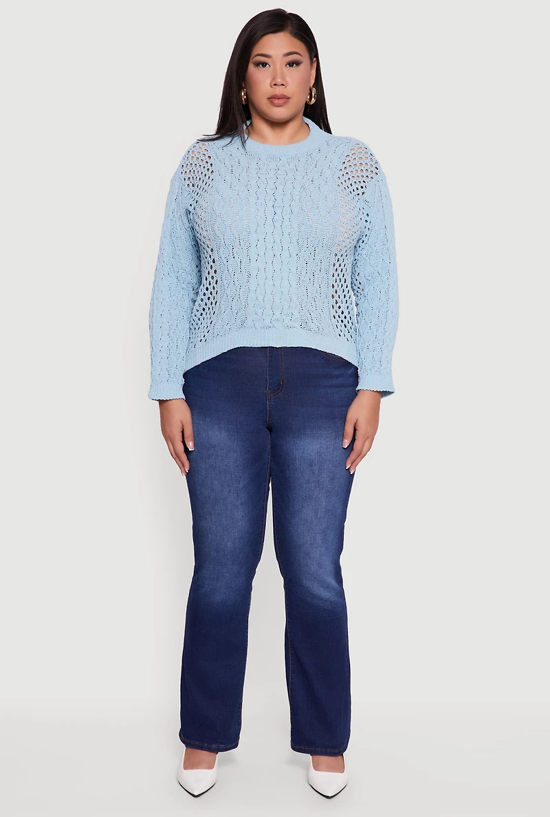 Womens Plus Size Pointelle Cable Knit Long Sleeve Pullover Sweater, Blue, Size 3X