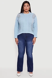 Womens Plus Size Pointelle Cable Knit Long Sleeve Pullover Sweater, Blue, Size 3X