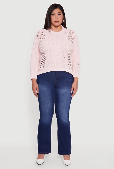 Plus Pointelle Cable Knit Long Sleeve Pullover Sweater