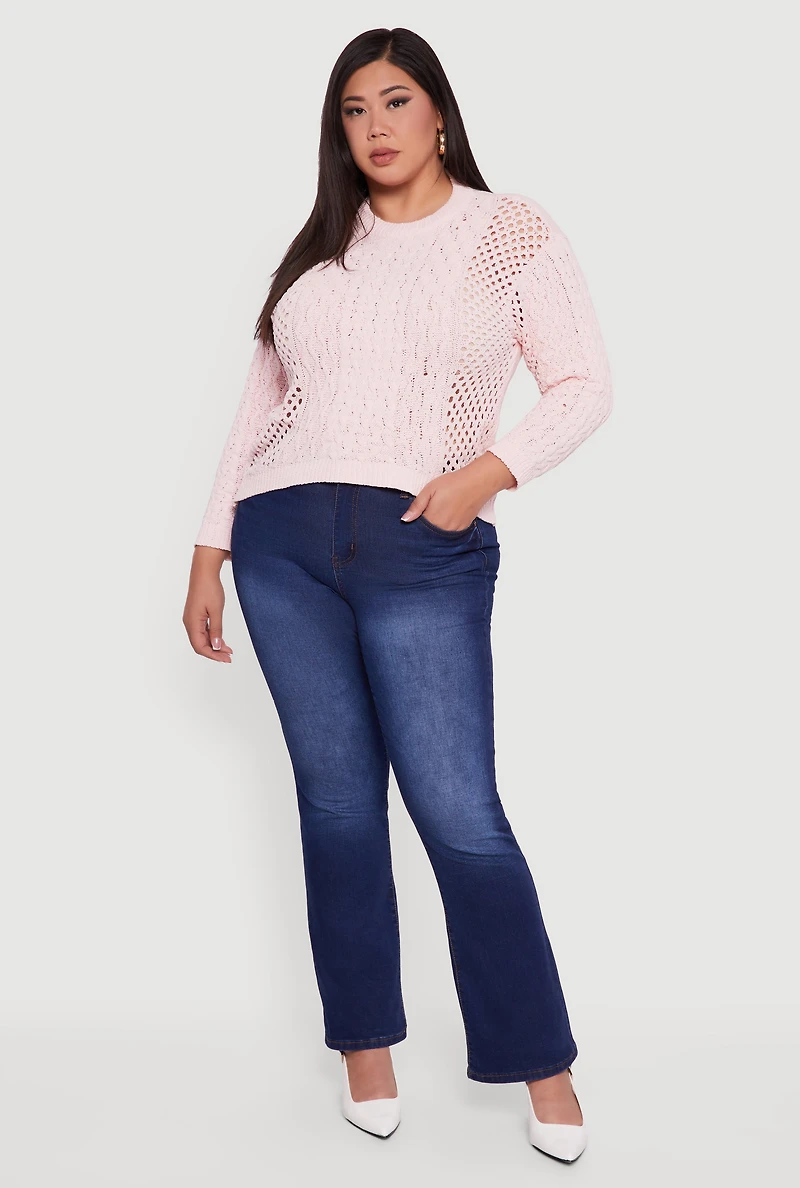 Plus Pointelle Cable Knit Long Sleeve Pullover Sweater