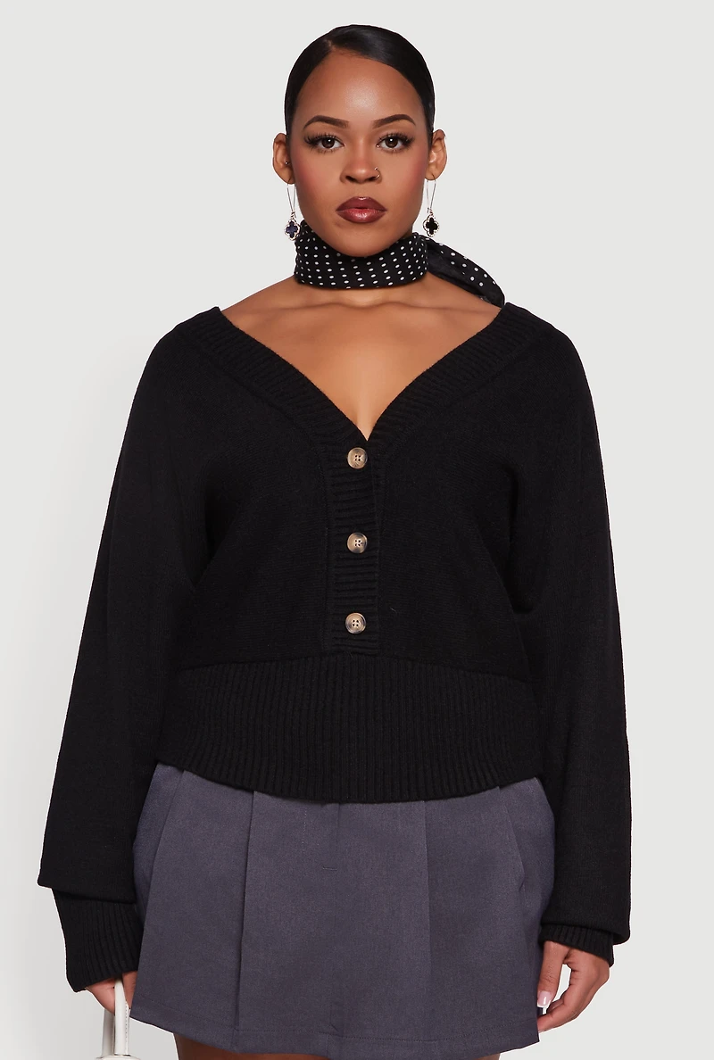 Plus Lace Up Back V-Neck Sweater with Buttons