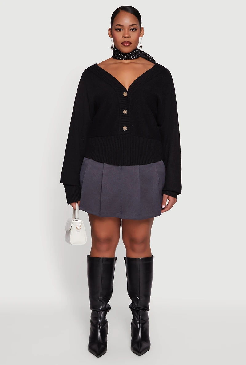 Womens Plus Size Lace Up Back V-Neck Sweater with Buttons, Black, Size 1X